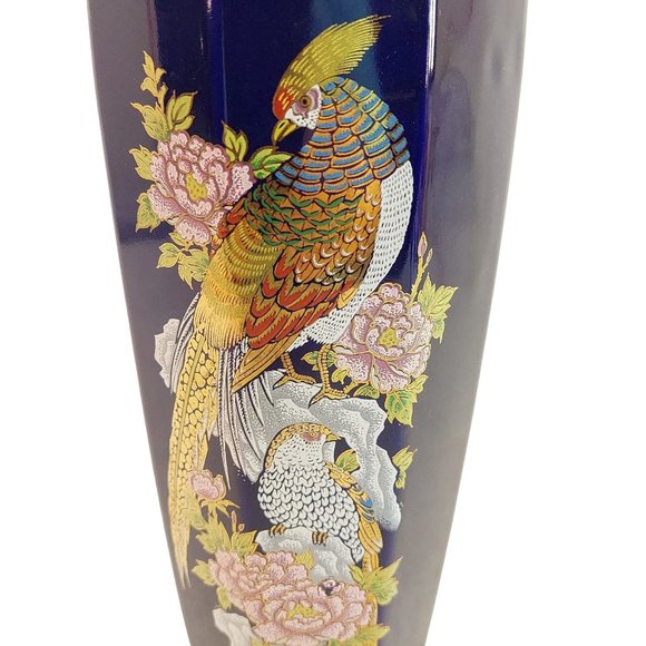 Asian Vase Pheasants Peonies Gold Gilt Trim Octagon Shape VIntage Home Decor 11" - Picture 2 of 7
